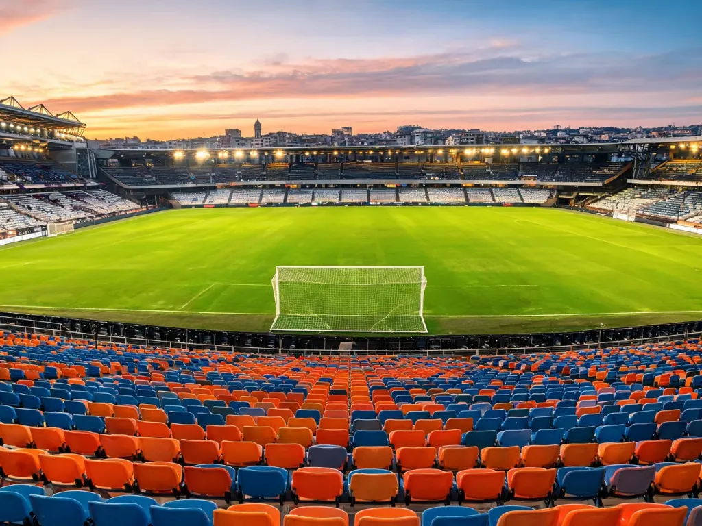 Nowoczesny stadion piłkarski İstanbul Başakşehir o zachodzie słońca, pustą murawą i pomarańczowo‑niebieskimi trybunami