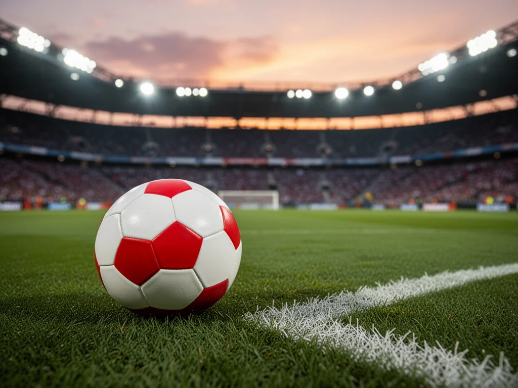 Piłka nożna ŁKS na zielonej murawie stadionu o zmierzchu, w tle trybuny i jupitery podkreślające atmosferę meczu.
