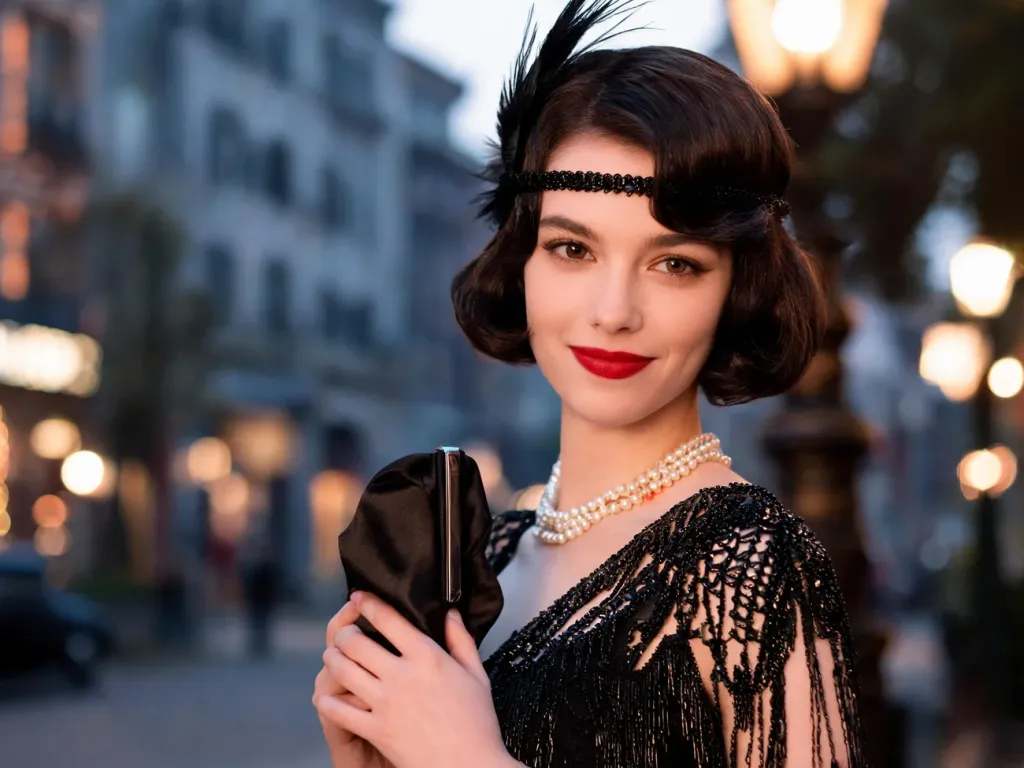 Elegancka kobieta w sukience flapper i opasce z piórem pokazuje, jak nosić modny styl lat 20.