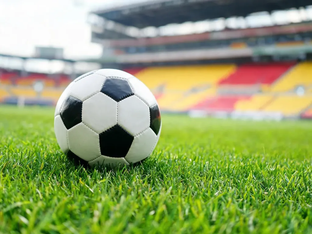 Piłka nożna na murawie stadionu Korony Kielce z żółto-czerwonymi trybunami w tle, symbol rywalizacji i ligowych tabel.