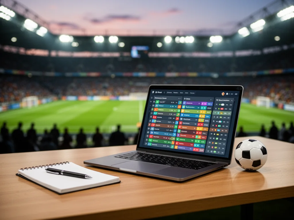 Laptop z tabelą Ligue 1 na biurku z piłką, w tle rozświetlony stadion piłkarski o zachodzie słońca