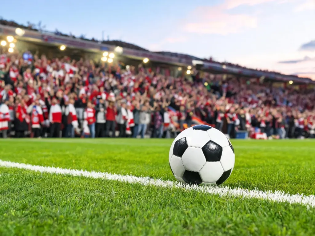 Piłka na zielonej murawie przy linii bocznej czeskiego stadionu, w tle kibice w czerwono-białych barwach podczas meczu ligowego.