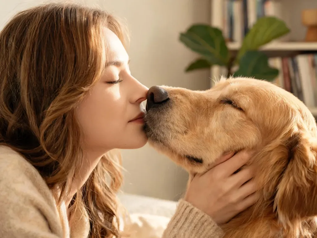 Kobieta z zamyśloną miną dotyka nosem spokojnego golden retrievera, ukazując czułą więź człowieka ze zwierzęciem