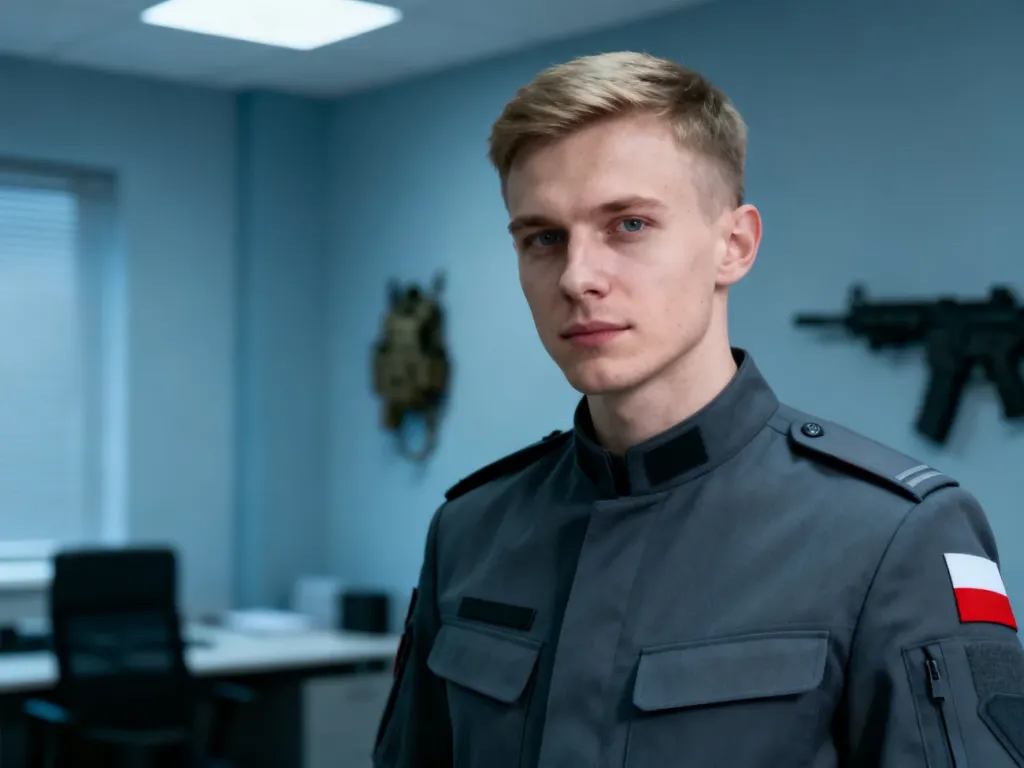 Profesjonalny portret żołnierza w mundurze Wojska Polskiego na tle biurowego wnętrza.