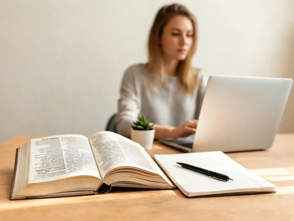 Młoda kobieta sprawdza w laptopie poprawną pisownię, obok otwarty słownik i notes na jasnym, minimalistycznym biurku.