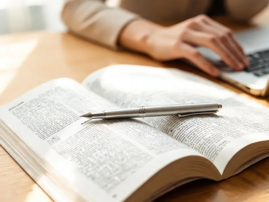 Otwarte polskie słownik i długopis na biurku, w tle laptop – nauka poprawnej pisowni słów „kuje” i „kłuje”.