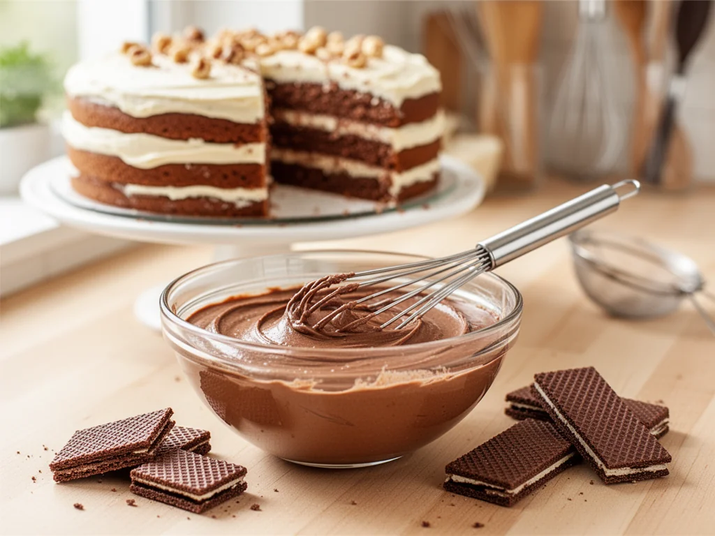Szklana miska z kremem do tortu Kinder Bueno, obok pokruszone batony, w tle częściowo przełożony tort na paterze.