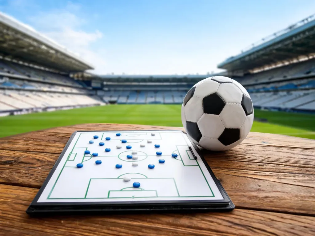 Tablica taktyczna piłki nożnej z pionkami, piłką i stadionem w tle, ilustrująca analizę pozycji i statystyk KAA Gent.