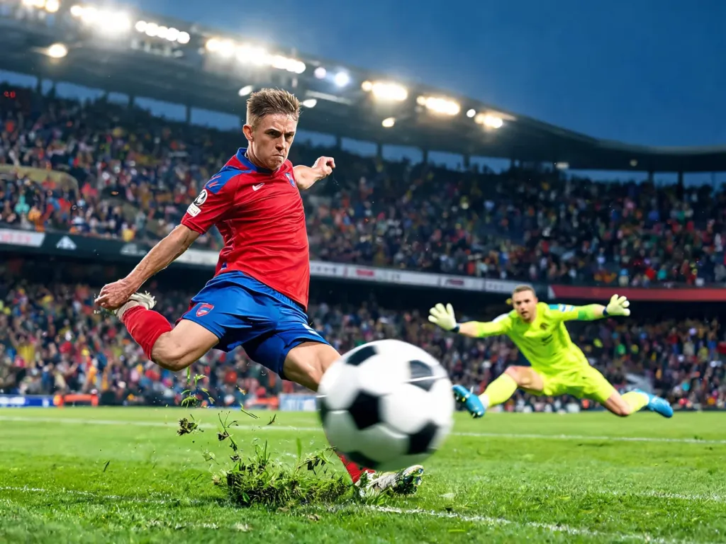 Napastnik w czerwono-niebieskim stroju strzela piłkę na bramkę w meczu La Liga, bramkarz rzuca się do obrony.