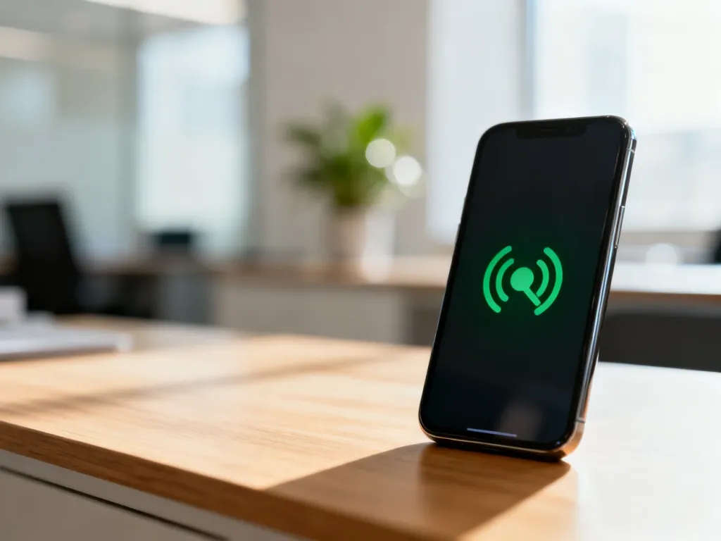 Nowoczesny smartfon z ikoną połączenia na ekranie, leżący na drewnianym biurku w jasnym biurze.
