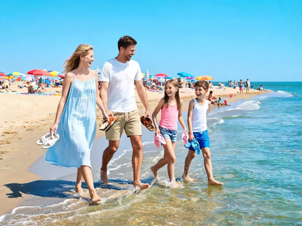 Rodzina z dziećmi spaceruje boso po letniej plaży, odpoczywając nad morzem w czasie wakacji