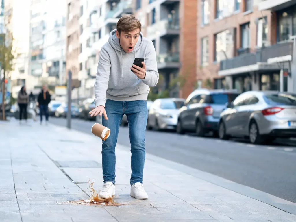 Zaskoczony mężczyzna upuszcza kawę, wpatrując się w telefon – drobny, zabawny kiks na ulicy miejskiej.