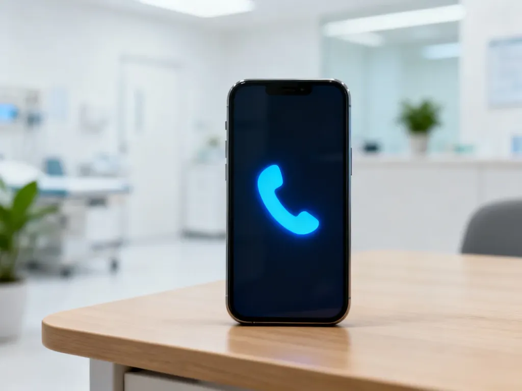 Nowoczesny smartfon z ikoną słuchawki telefonicznej na ekranie, symbolizujący kontakt z infolinią medyczną LUX MED.