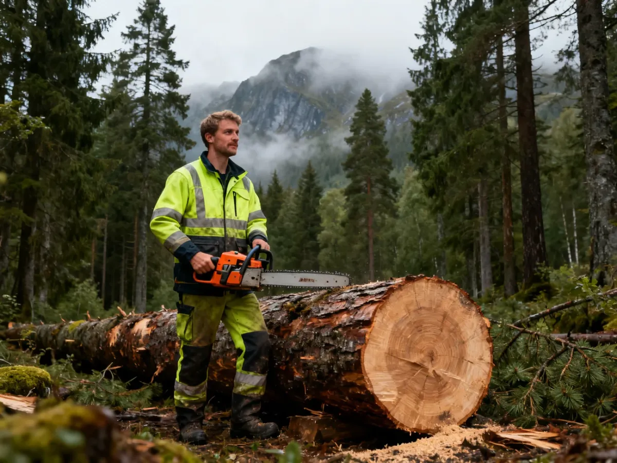 Drwal w odzieży ochronnej z piłą mechaniczną w norweskim lesie na tle górskiego krajobrazu.