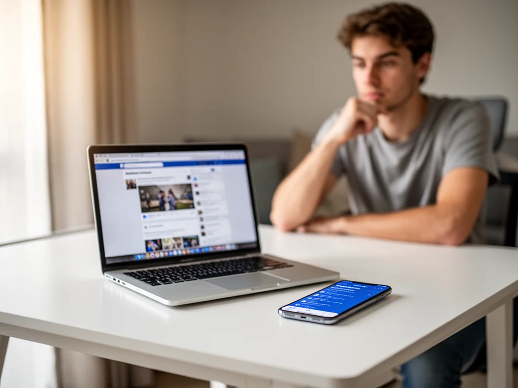 Mężczyzna przy biurku przegląda Facebooka na laptopie i smartfonie, symbolizując korzystanie z platformy społecznościowej