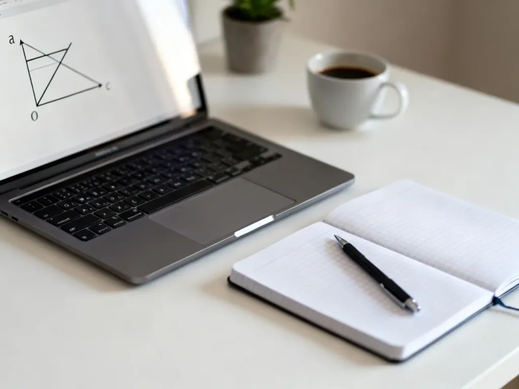 Laptop z wykresem nierówności obok notesu i kawy, tworzących spokojne miejsce do nauki i korzystania z kalkulatora.