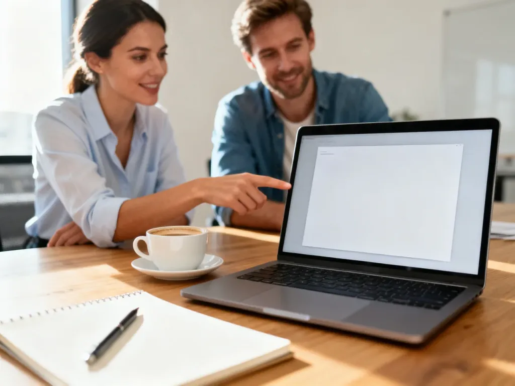 Para w biznesowym casualu omawia na laptopie treść artykułu sponsorowanego przy biurku z notatnikiem i kawą.