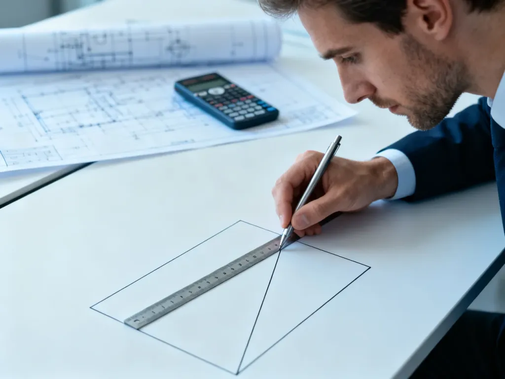 Mężczyzna rysuje metalową linijką przekątną na geometrycznym prostokącie, korzystając z profesjonalnych przyborów kreślarskich.