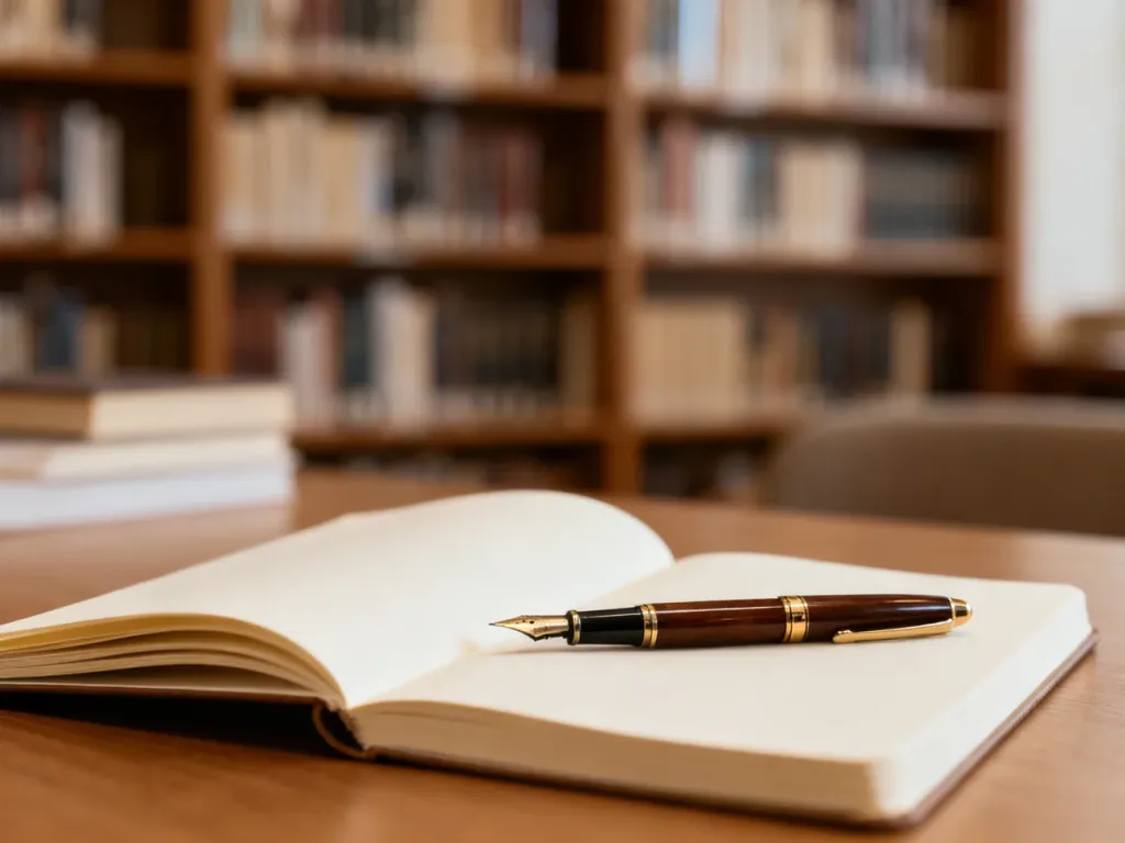 Otwarte notatnik i pióro wieczne na biurku w bibliotece, symbolizujące pracę nad poprawnym pisaniem tekstów.