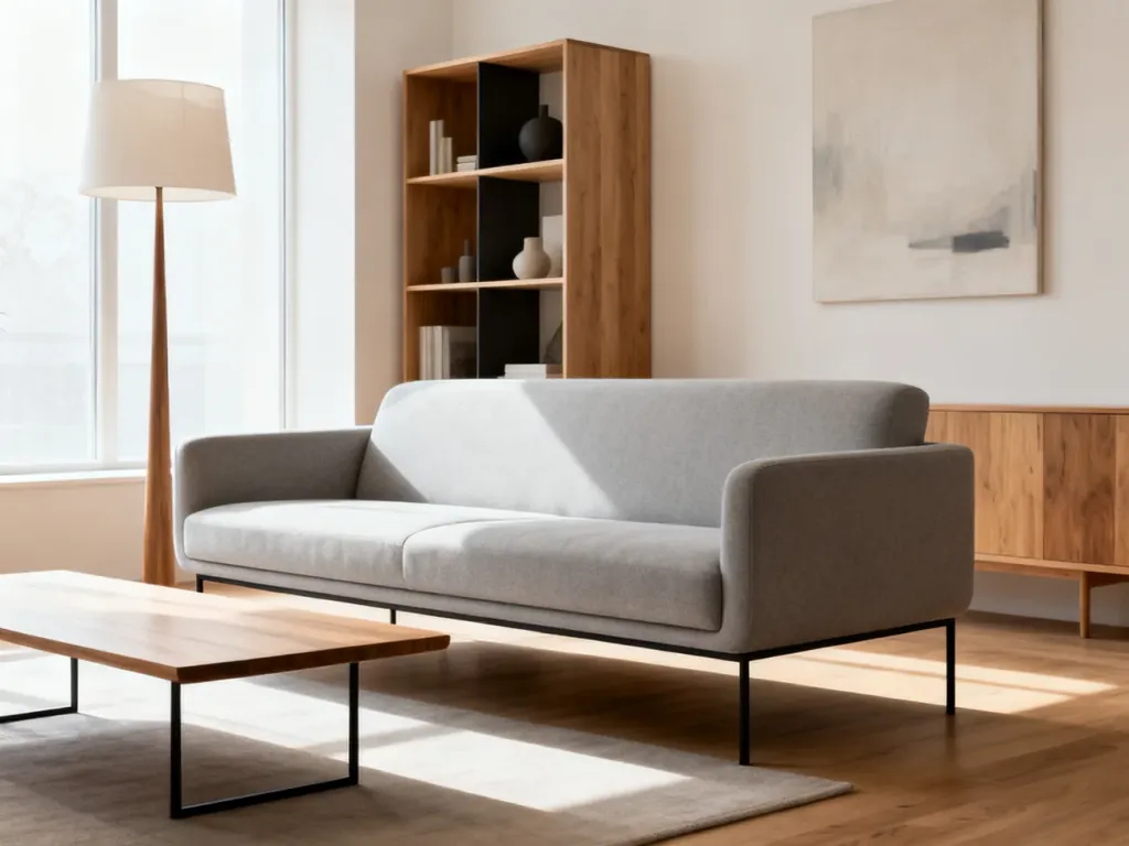 Nowoczesny salon w stylu skandynawskim z minimalistyczną sofą, stolikiem i lampą, pokazujący efekt mebli na wystrój wnętrza.