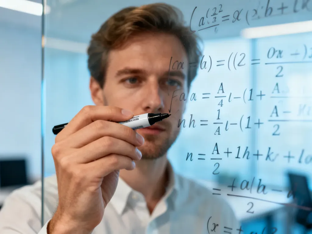 Mężczyzna zapisuje złożone wyrażenia algebraiczne na szklanej tablicy, ilustrując proces przekształcania iloczynów na sumy.
