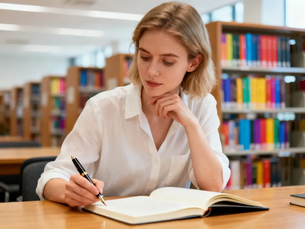 Kobieta siedząca przy biurku w bibliotece, skupiona na pisaniu w notatniku, co podkreśla akademicki charakter artykułu.