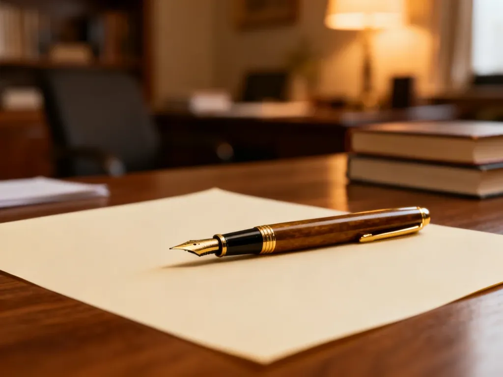 Eleganckie pióro wieczne na kremowym papierze, symbolizujące staranne pisanie i dbałość o poprawność językową.