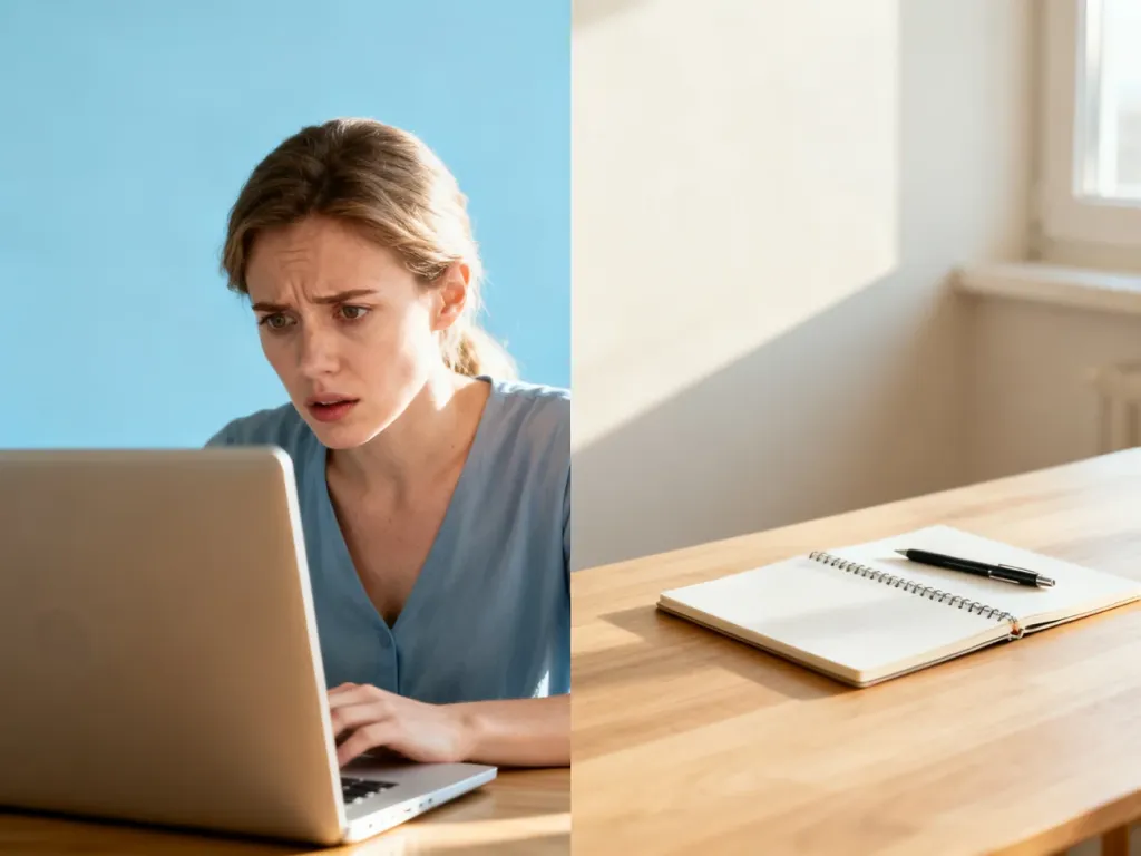 Kobieta patrząca z zakłopotaniem na ekran laptopa obok czystego biurka, ilustrująca dylematy związane z poprawną pisownią.