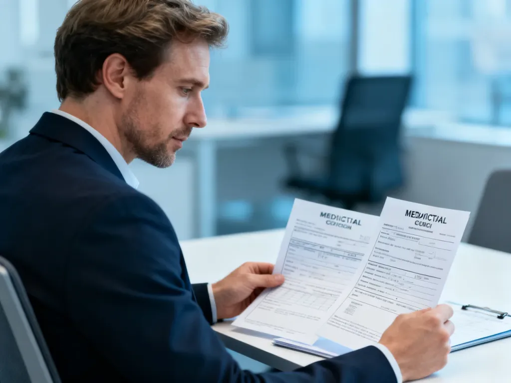 Pracownik biurowy analizujący dokumentację medyczną i formularze związane ze zwolnieniem lekarskim.