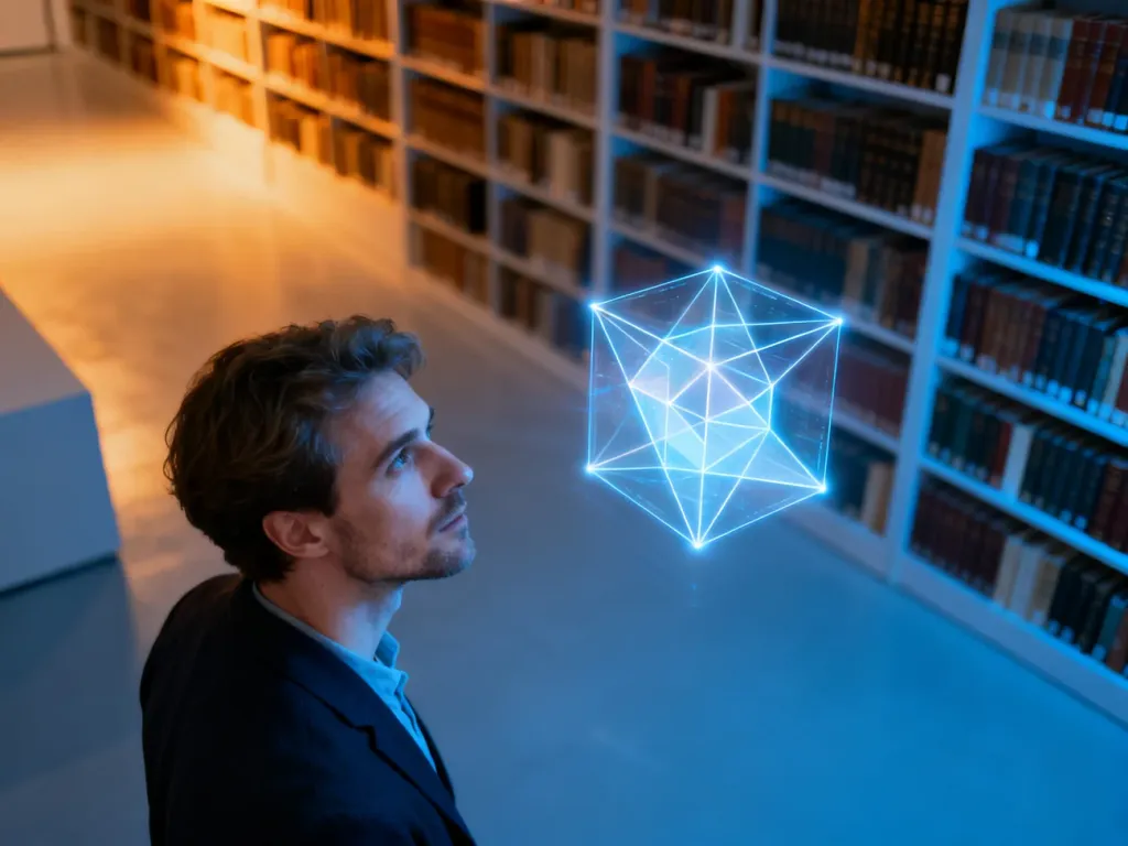 Mężczyzna w nowoczesnej bibliotece analizuje lewitujący hologram, symbolizujący zmianę perspektywy i paradygmatu myślenia.