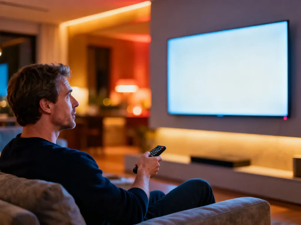 Mężczyzna oglądający telewizję na kanapie w nowoczesnym salonie, korzystający z domowego systemu rozrywki.
