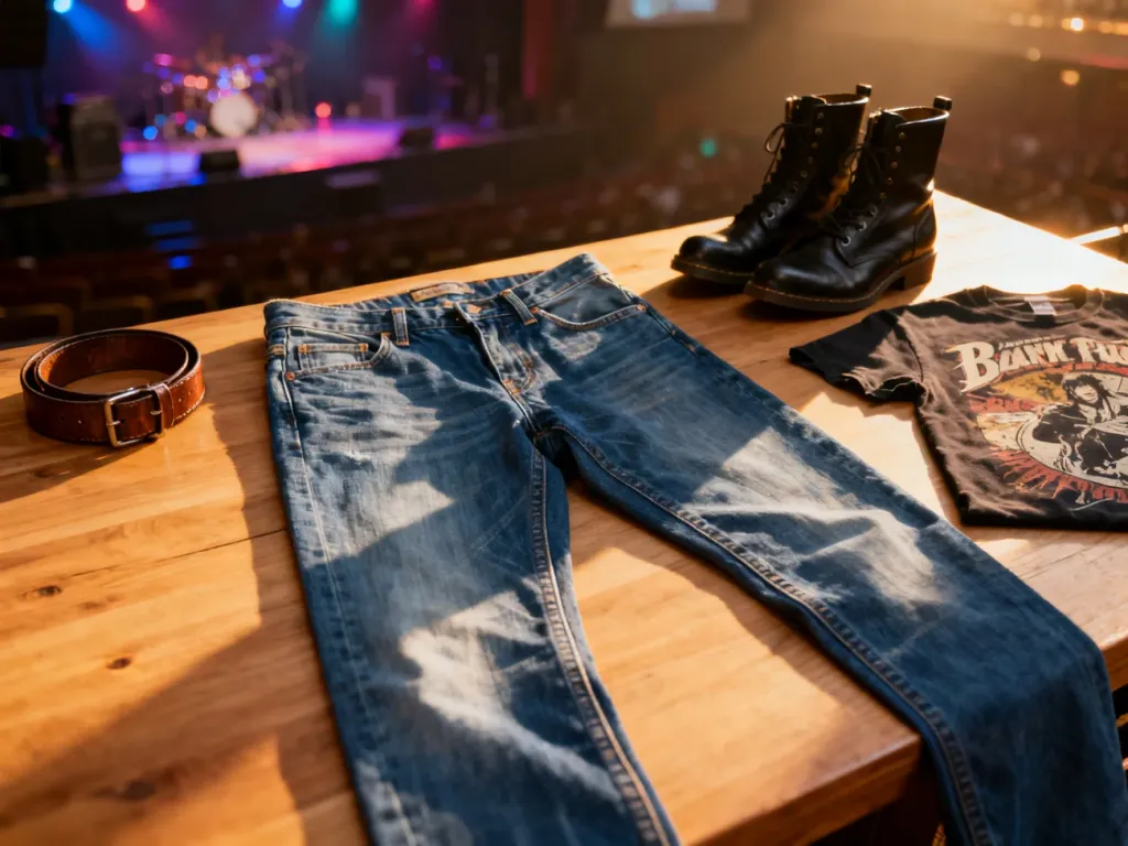 Stylowe jeansy z czarnymi botkami, paskiem i koszulką z zespołem, przygotowane jako propozycja stylizacji na koncert.