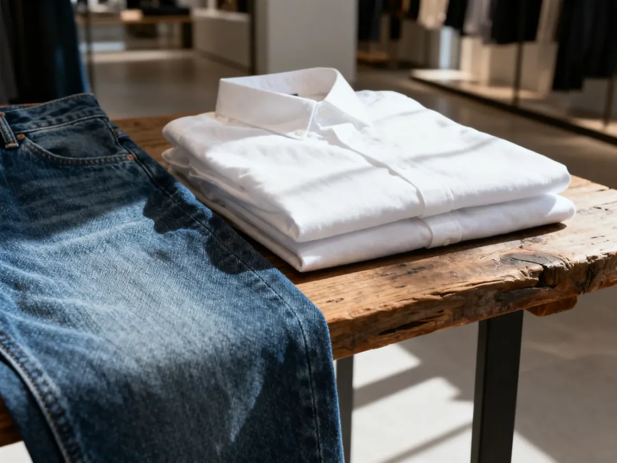 Zbliżenie na fakturę jeansu i złożoną białą koszulę na drewnianym stole, podkreślające elegancję codziennych stylizacji.