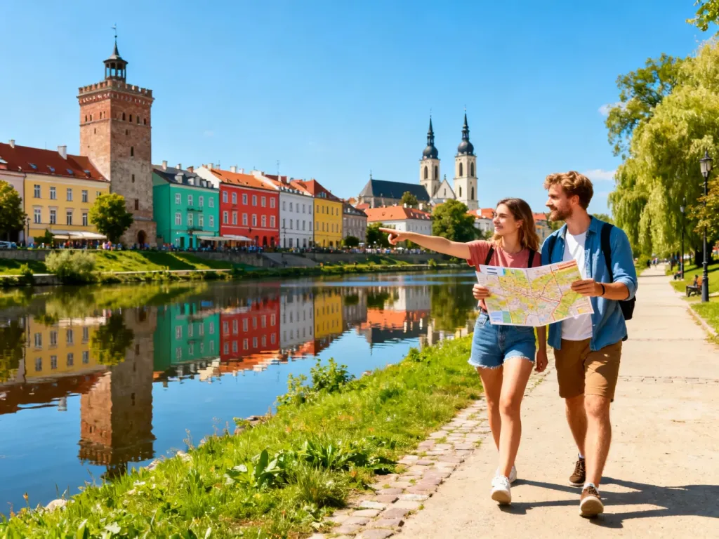 Para spacerująca nad Odrą w Opolu, podziwiająca kolorowe kamienice i zabytkowe wieże w słoneczny dzień, no text on the picture
