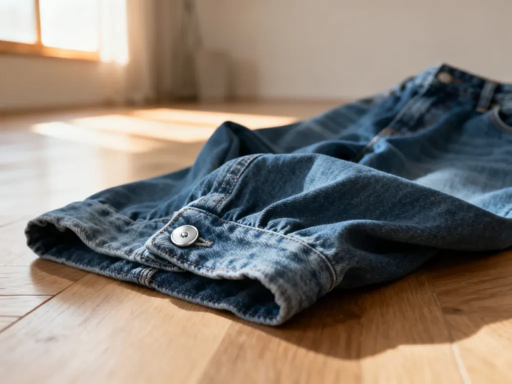 Zbliżenie na jeansy typu loose fit o wyraźnej fakturze materiału i srebrnych detalach, ułożone na drewnianej podłodze.
