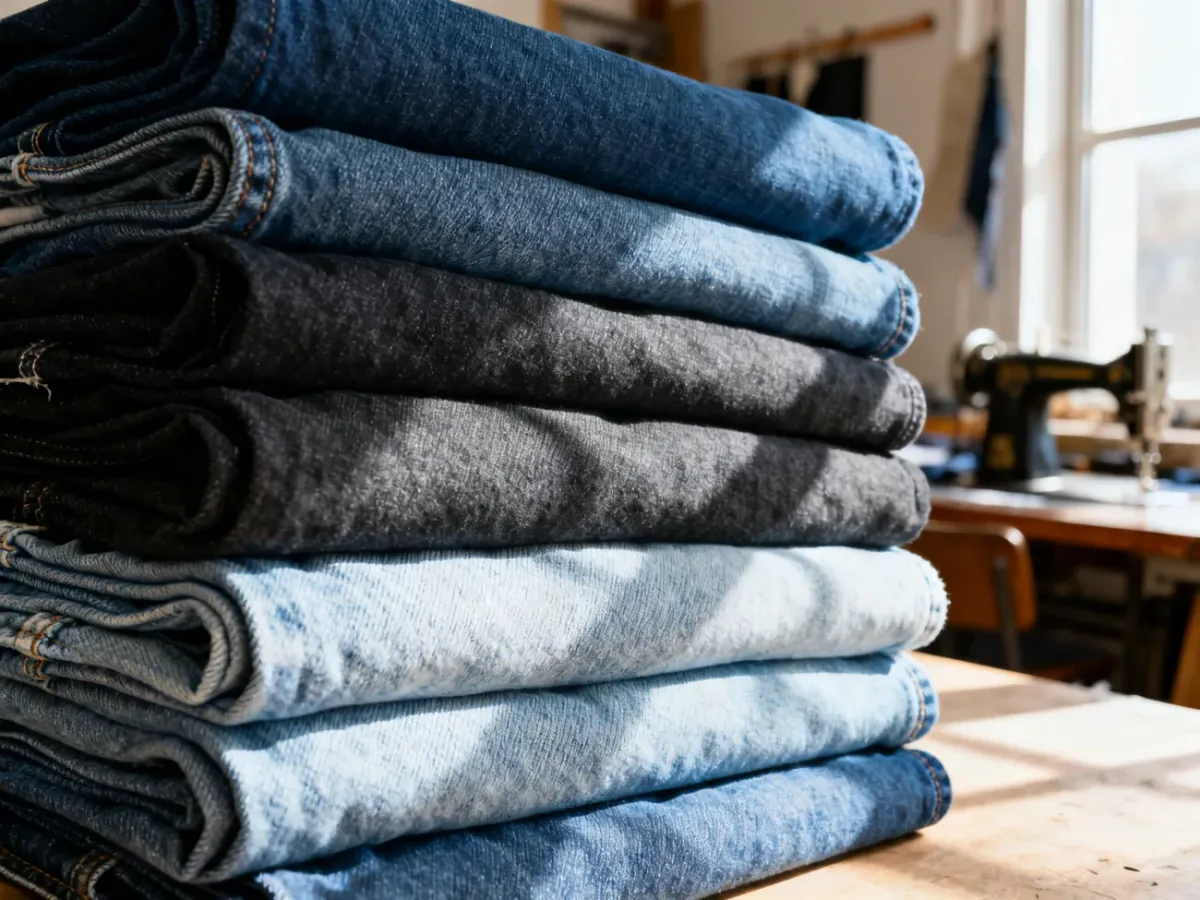 Stos ułożonych jeansów w różnych odcieniach denimu, prezentujący różnorodność materiałów wykorzystywanych w krawiectwie.
