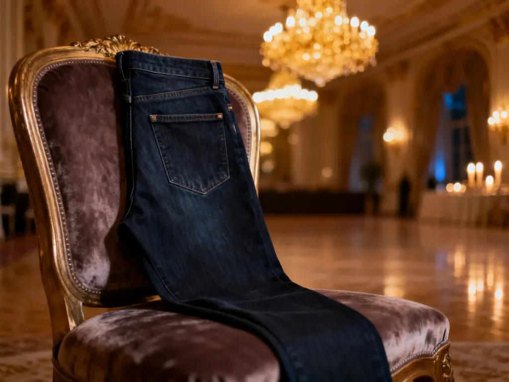 Eleganckie, ciemnogranatowe jeansy na luksusowym krześle w tle wytwornej sali weselnej.