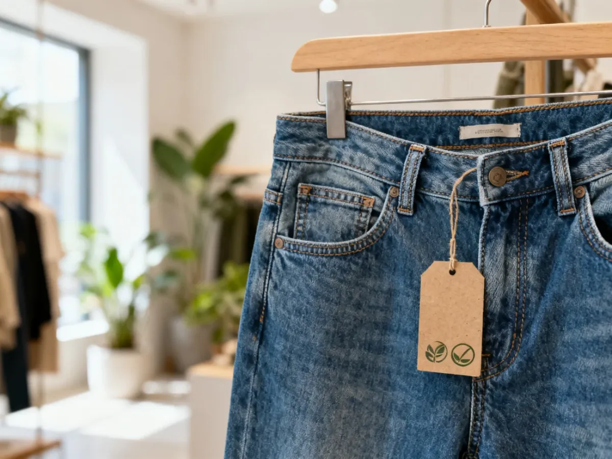 Zbliżenie ekologicznych jeansów z organicznego denimu na drewnianym wieszaku, w tle rośliny i butik no text on the picture