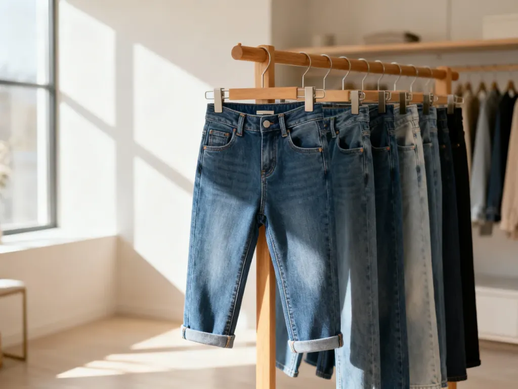 Różne modele jeansów na drewnianym wieszaku, w tym przycięte spodnie z wysokim stanem idealne dla niskich kobiet.