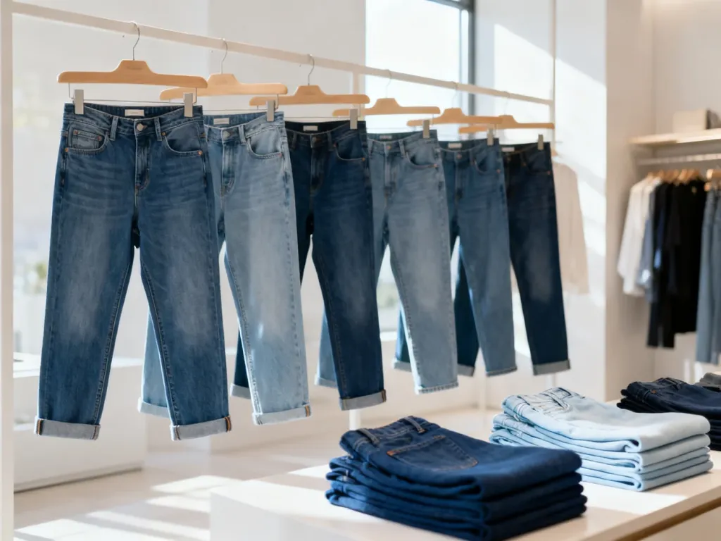 Różne modele jeansów typu cropped na drewnianych wieszakach oraz starannie złożone tkaniny dżinsowe w sklepie odzieżowym.
