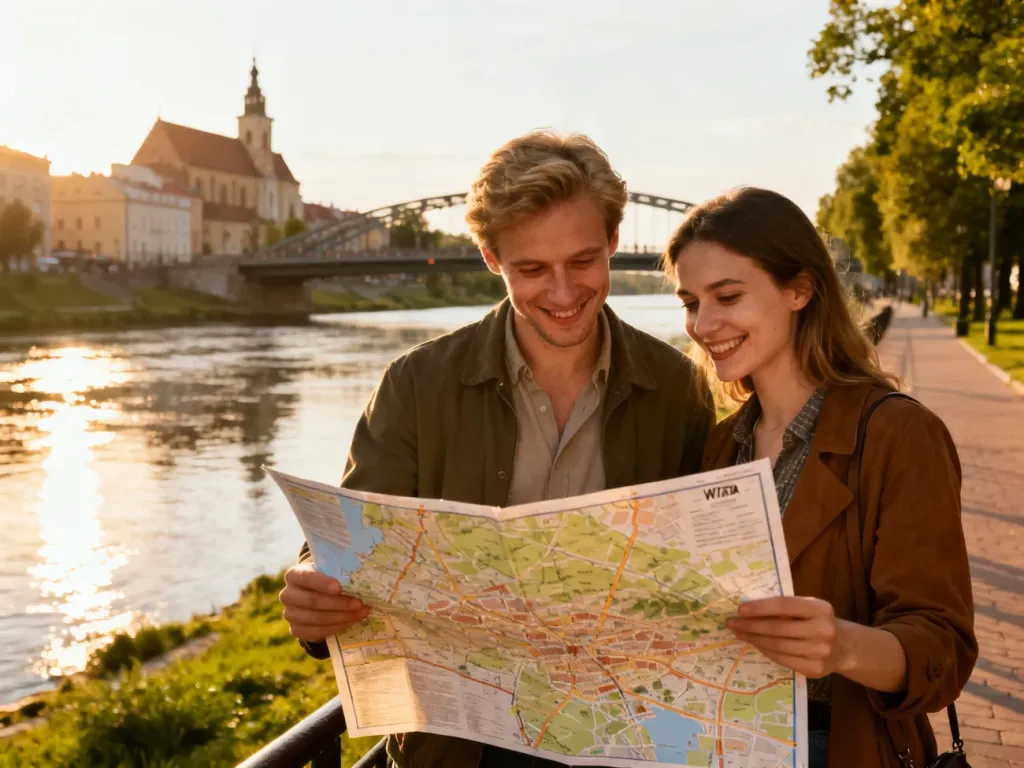 Uśmiechnięta para z mapą spaceruje nad Wartą w Gorzowie Wielkopolskim o złotej godzinie, w tle most i zabytkowe kamienice, no text on the picture