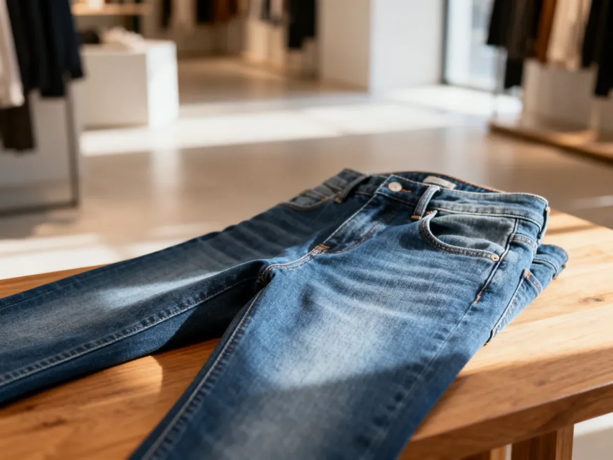 Zbliżenie na fakturę jeansów typu slim leżących na drewnianym blacie w minimalistycznym wnętrzu sklepu.