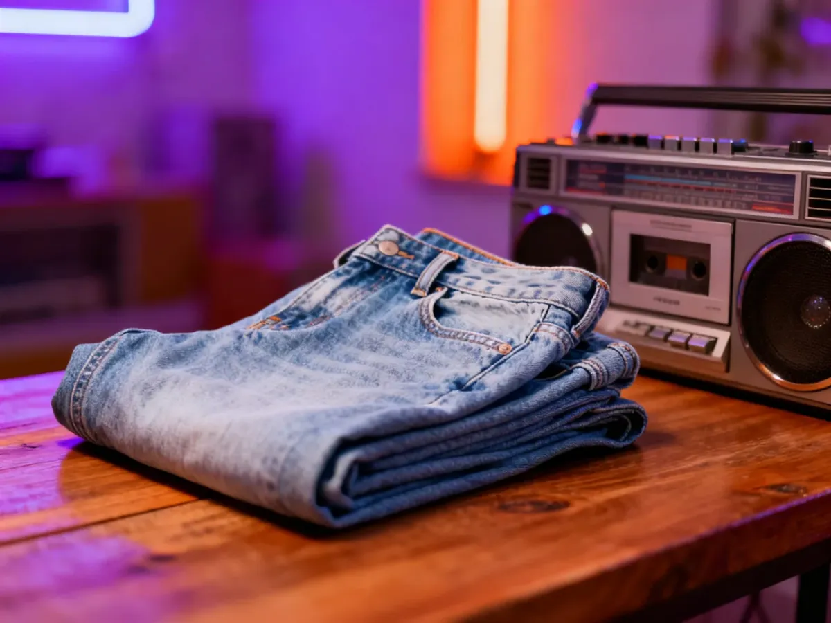 Jasnoniebieskie jeansy z wysokim stanem i retro odtwarzacz kasetowy w klimacie lat 90. w nostalgicznym oświetleniu.