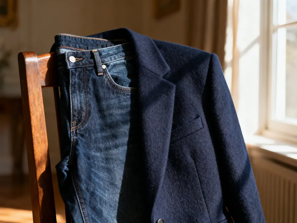 Granatowa marynarka zestawiona z ciemnymi jeansami na drewnianym krześle, prezentująca elegancki styl smart casual.