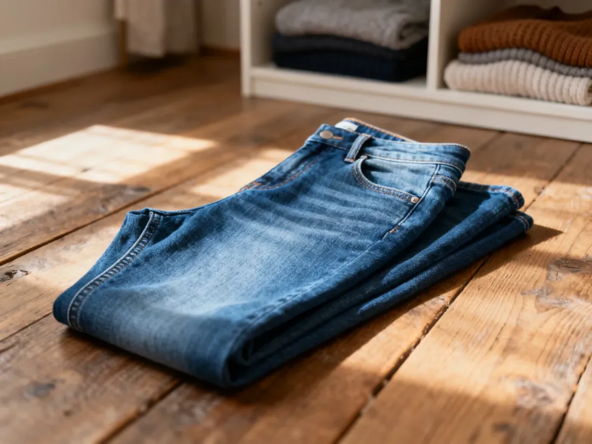 Klasyczne niebieskie jeansy typu skinny leżące na drewnianej podłodze w ciepłym świetle poranka.