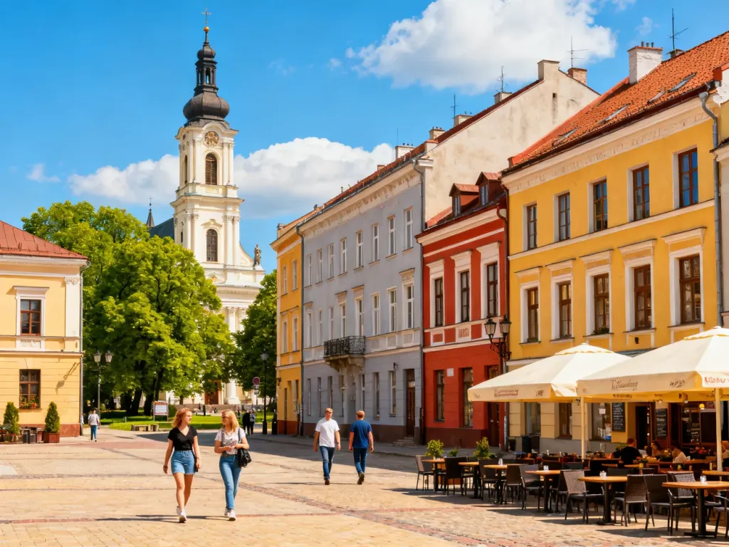 Słoneczny Rynek Kościuszki w Białymstoku z kawiarniami, spacerującymi ludźmi i bazyliką w tle, zachęcający do zwiedzania; no text on the picture
