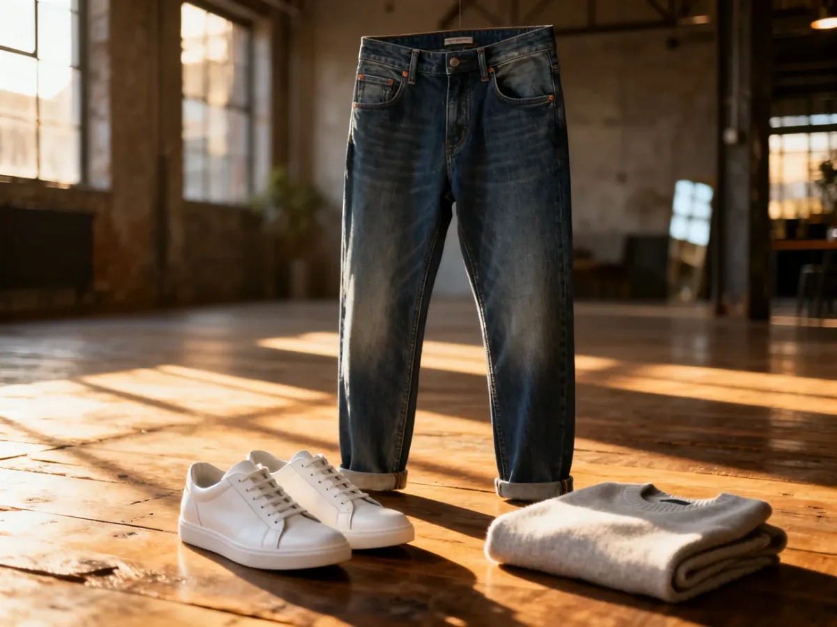 Męskie jeansy typu carrot fit zestawione z białymi sneakersami i swetrem na drewnianym podłożu w stylu loftowym.