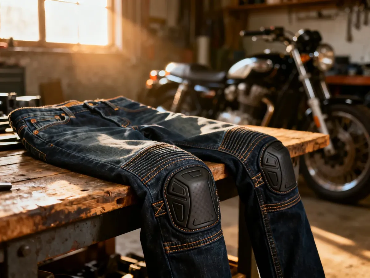 Zbliżenie na wzmocnione szwy i ochraniacze kolan w letnich jeansach motocyklowych na drewnianym stole warsztatowym.